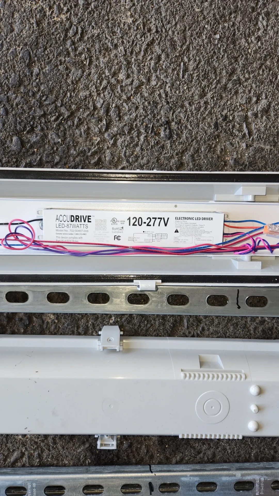 LED driver and strip fixture wiring on a commercial ceiling install
